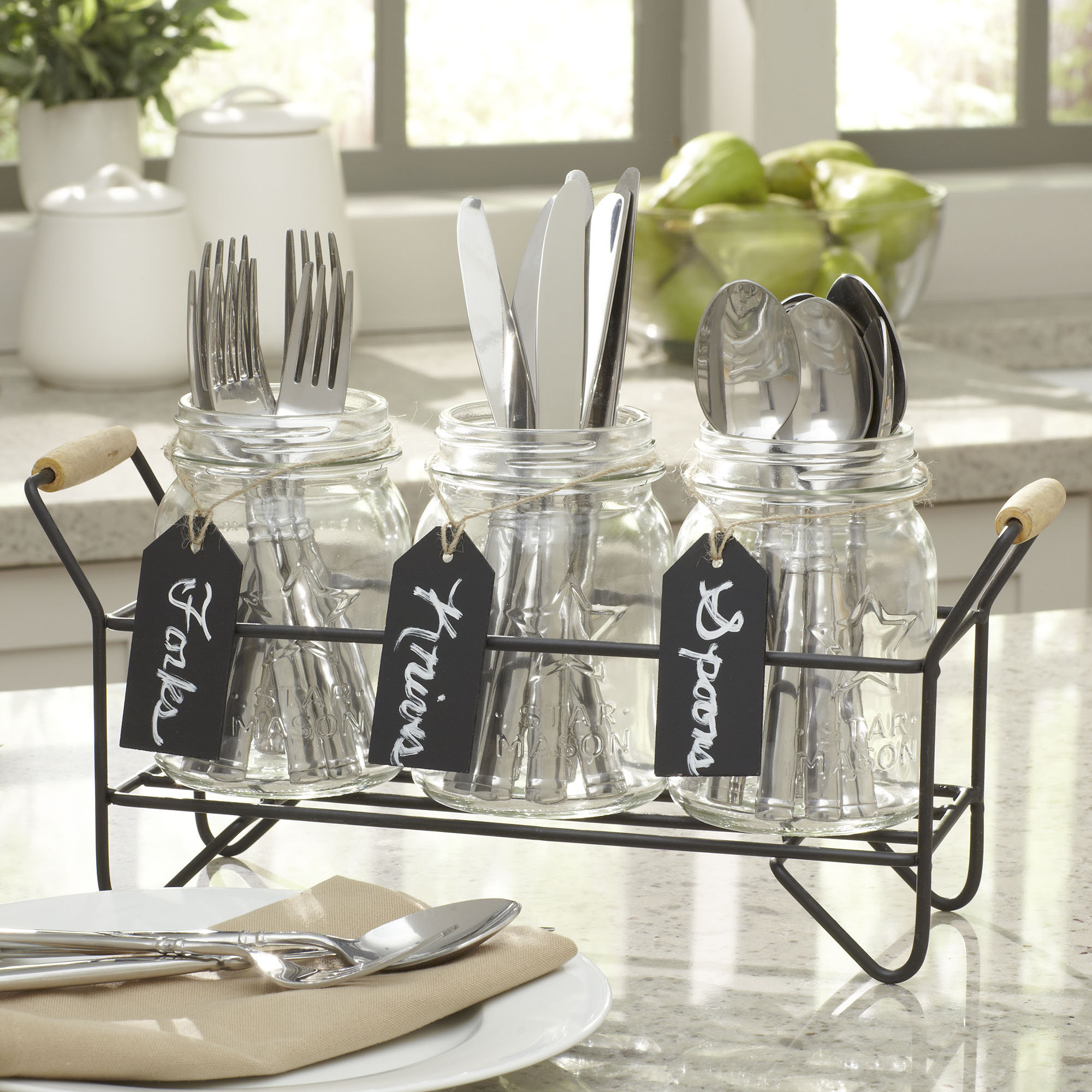 Home Essentials and Beyond 4 Pieces Star Mason Jar Set with Flatware